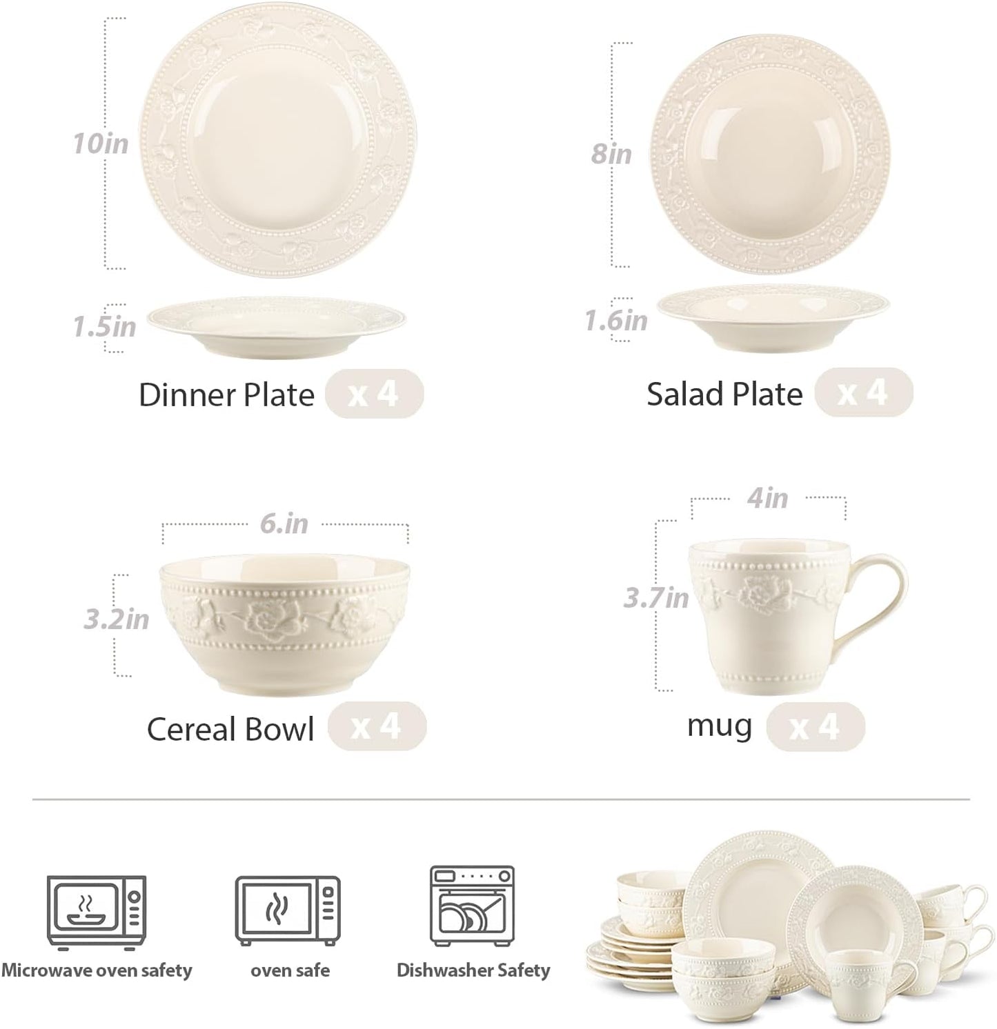 Set 16 Pzas Vajilla Cerámica Fresa Relieve Blanco Marfil