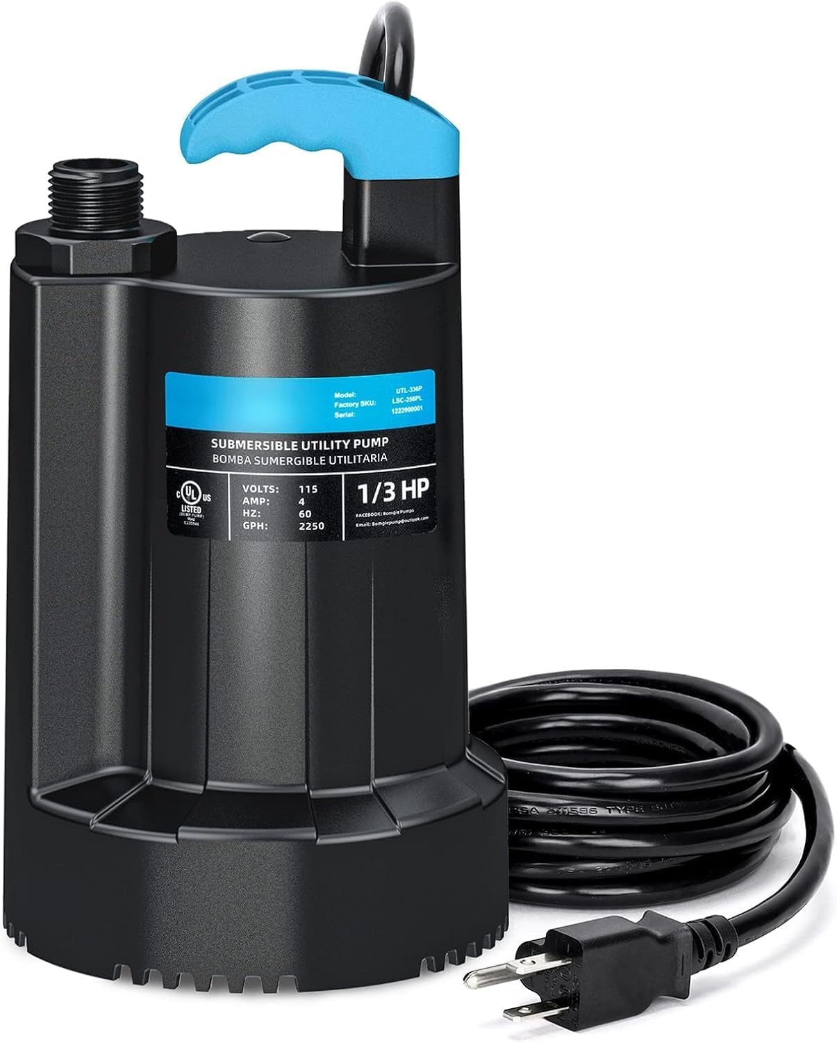 Bomba sumergible 1/3 HP termoplástica 2250 GPH sótano