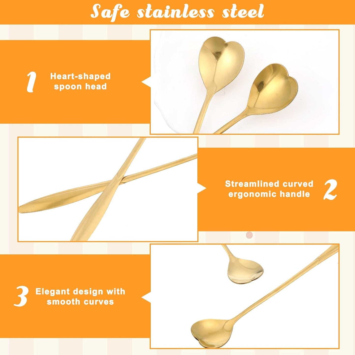 Juego cucharas corazón acero inox dorado 7pulg para hogar cafetería