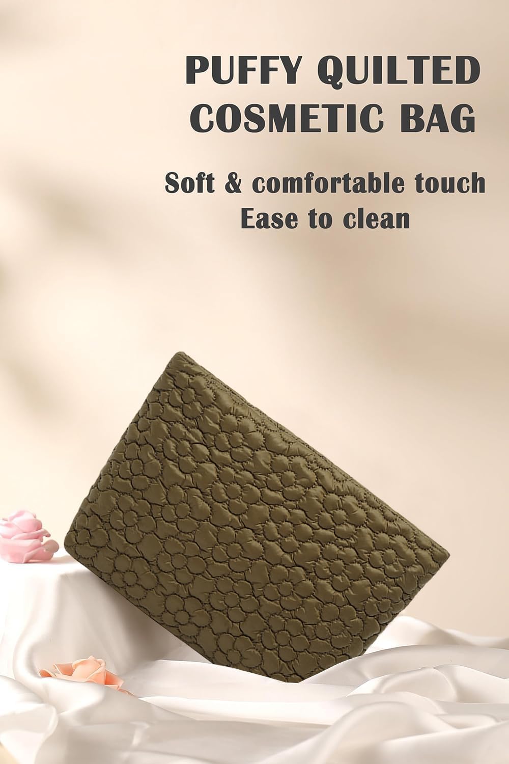 Bolsa maquillaje acolchada organizadora viaje flor marrón