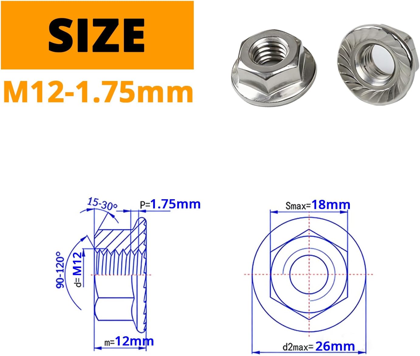 10 Tuercas Bloqueo Brida Hex Dentadas M12 Acero Inox 304
