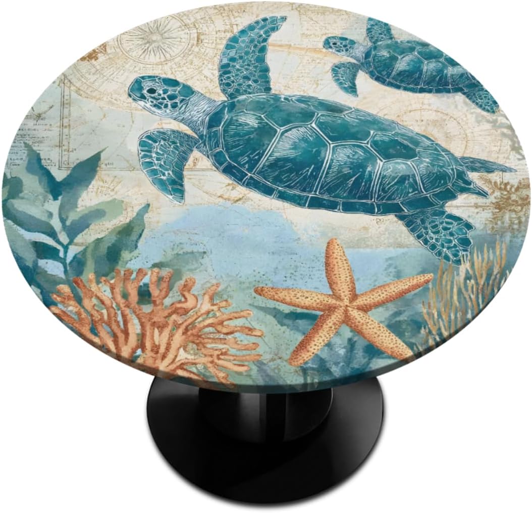 Mantel redondo ajustable con borde elástico vintage de tortuga océano