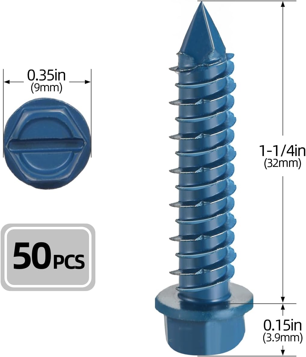 Tornillos hormigón 3/16x1 set 100pzas cabeza hexagonal azul