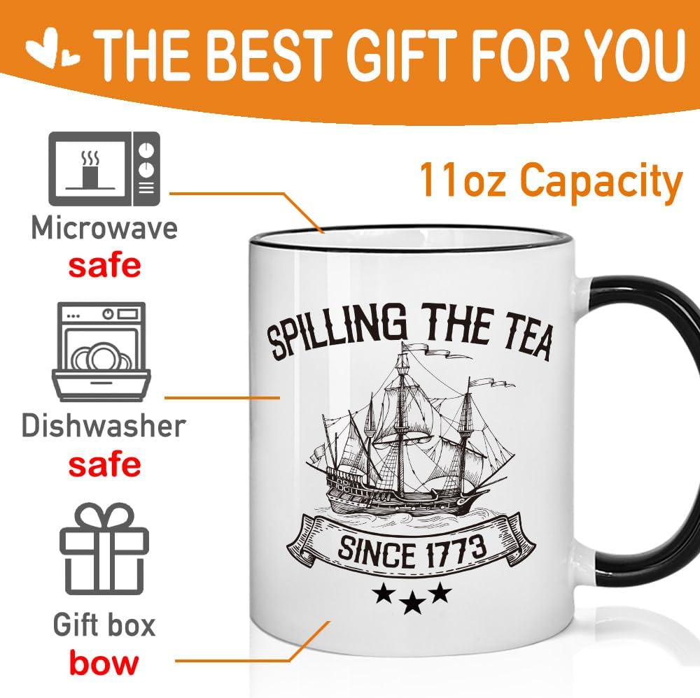 Taza de café con texto "Spilling the Tea Since 1773" para regalar a profesores