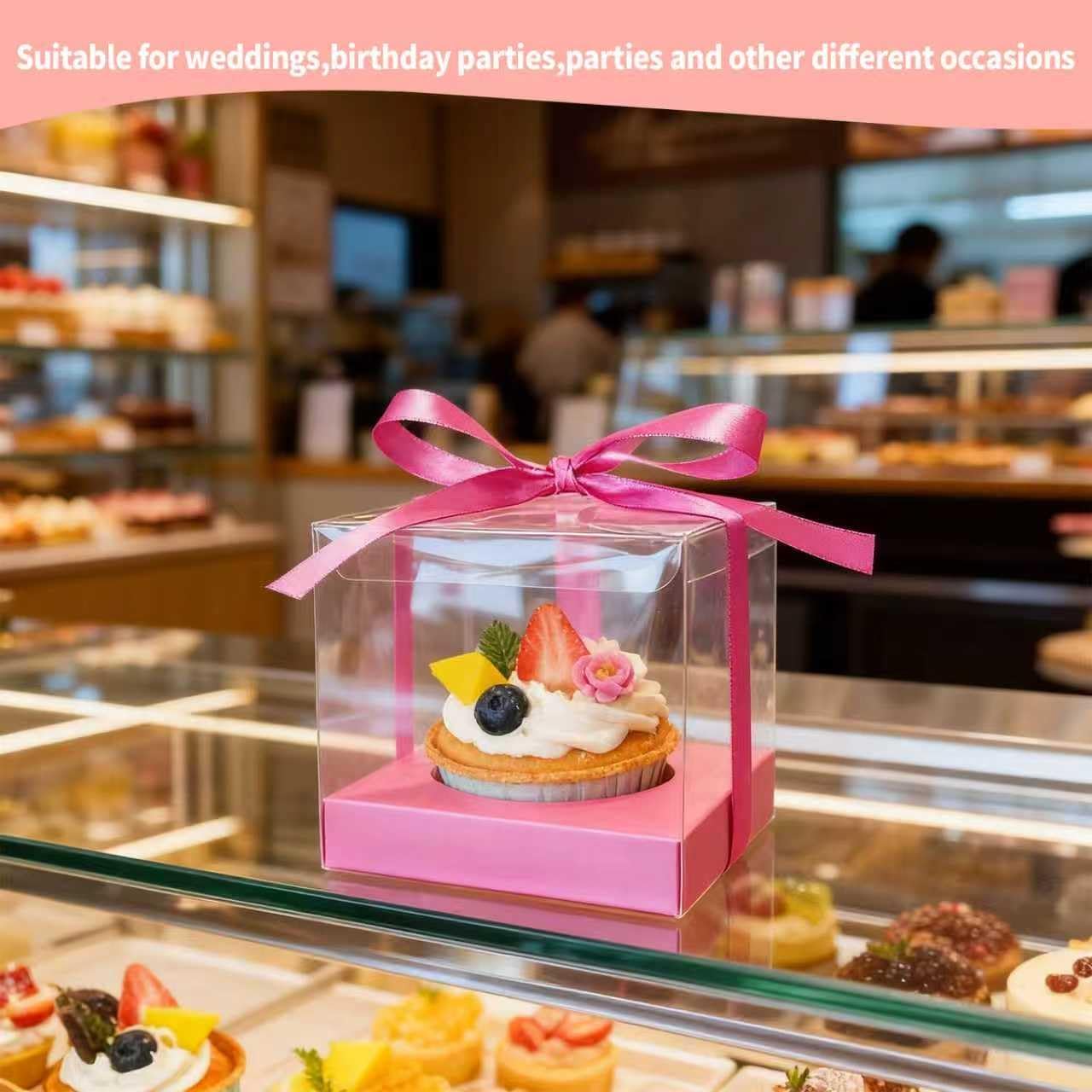 24 Cajas Cupcakes 3.5pulg Con Cinta Transparente Rosa