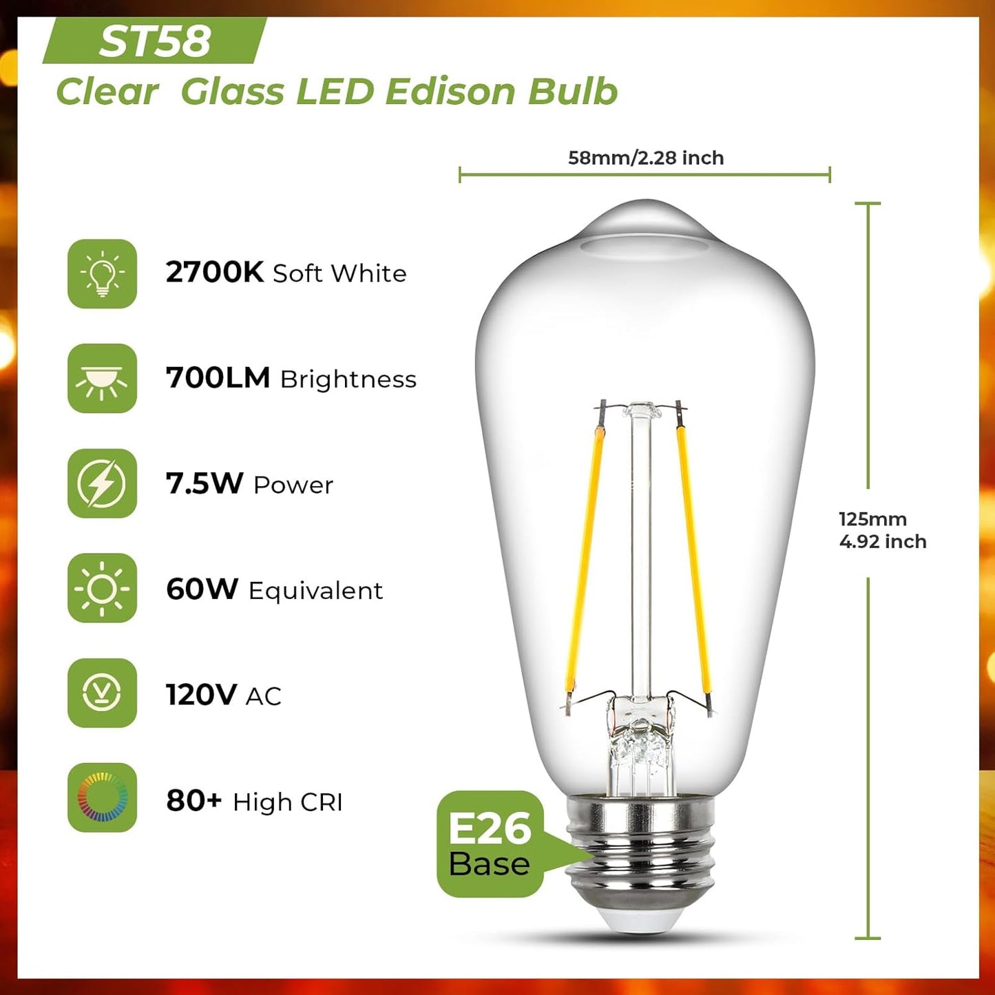 Bombillas LED Edison ST58 E26 2700K blanco cálido pack 6