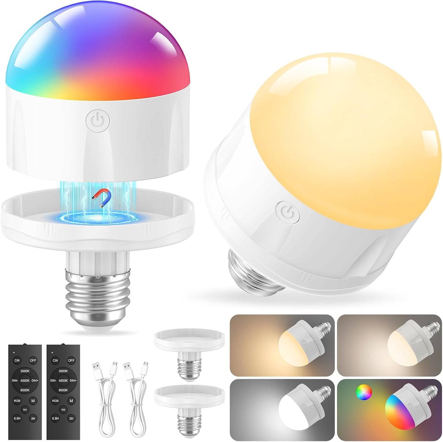 Bombilla LED E26 recargable 10000 mAh con control remoto 10 colores