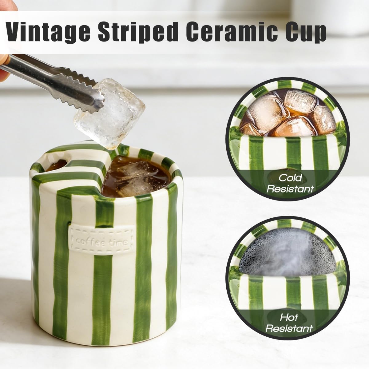 Taza de café cerámica retro pintada a mano verde/blanco 10 oz