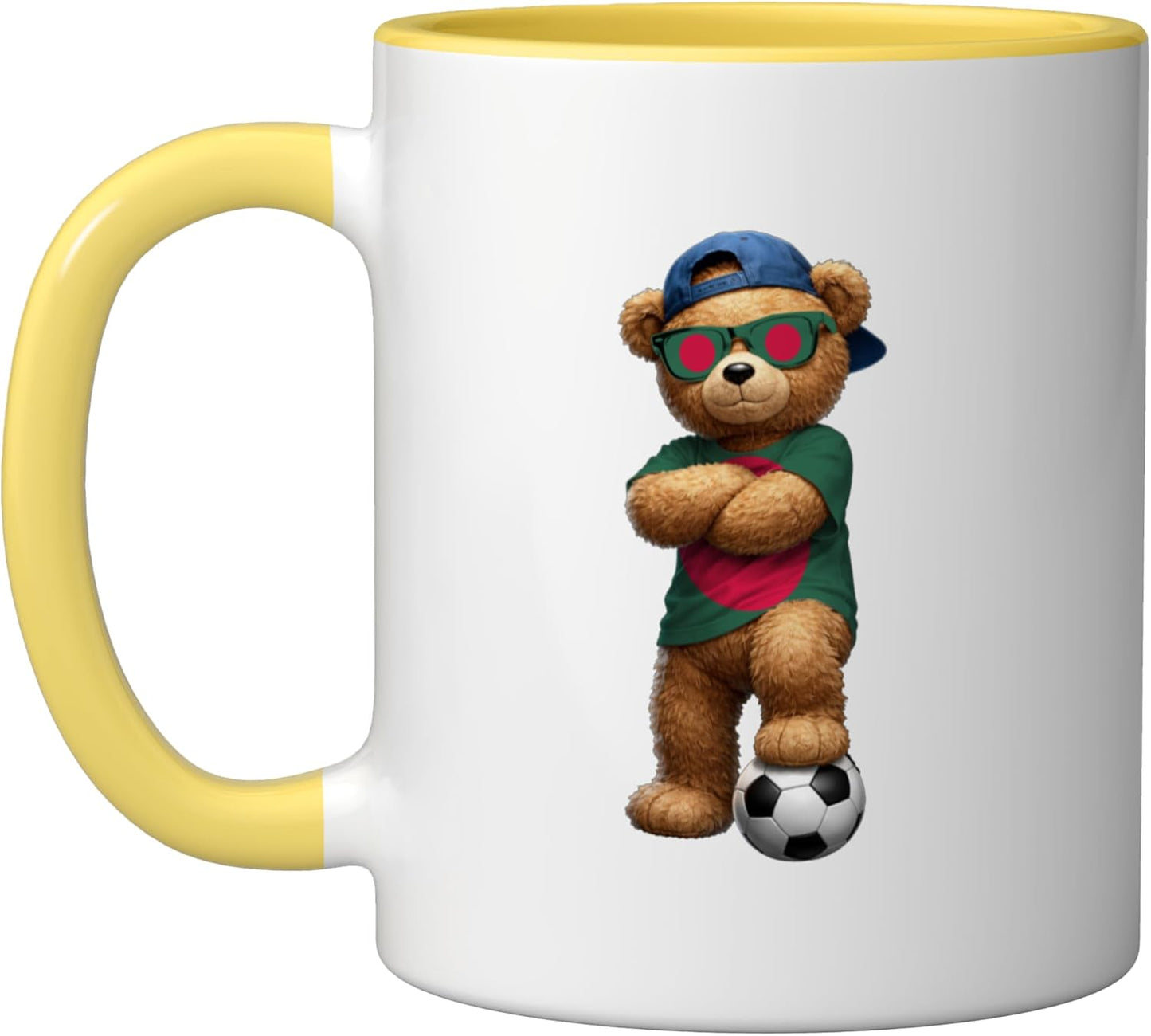 Playera deportiva con bandera de Bangladesh para taza de cerámica amarilla y blanca