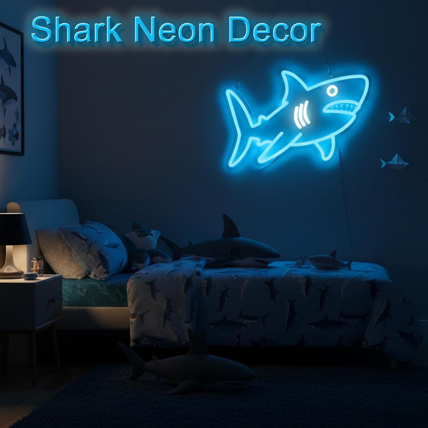 Letrero neón tiburón brillo ajustable para niños dormitorio fiesta