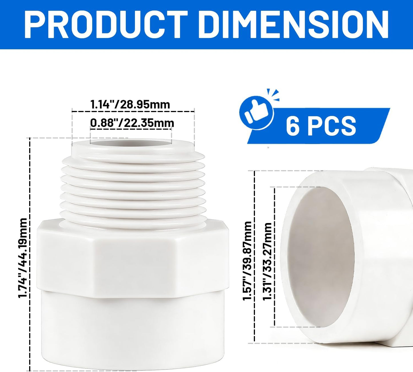 6 Conectores PVC 1pulg 2 Vias Rosca Macho Blanco