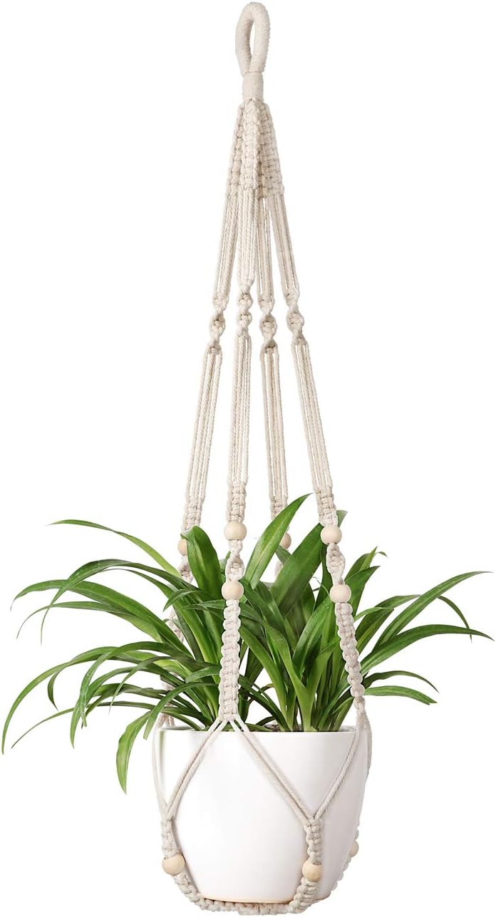 Colgador plantas macramé cesta madera 35pulg marfil