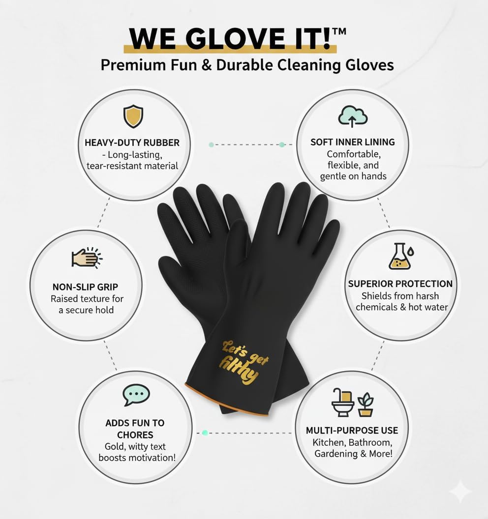 Guantes negros para lavar platos reutilizables con frases coquetas