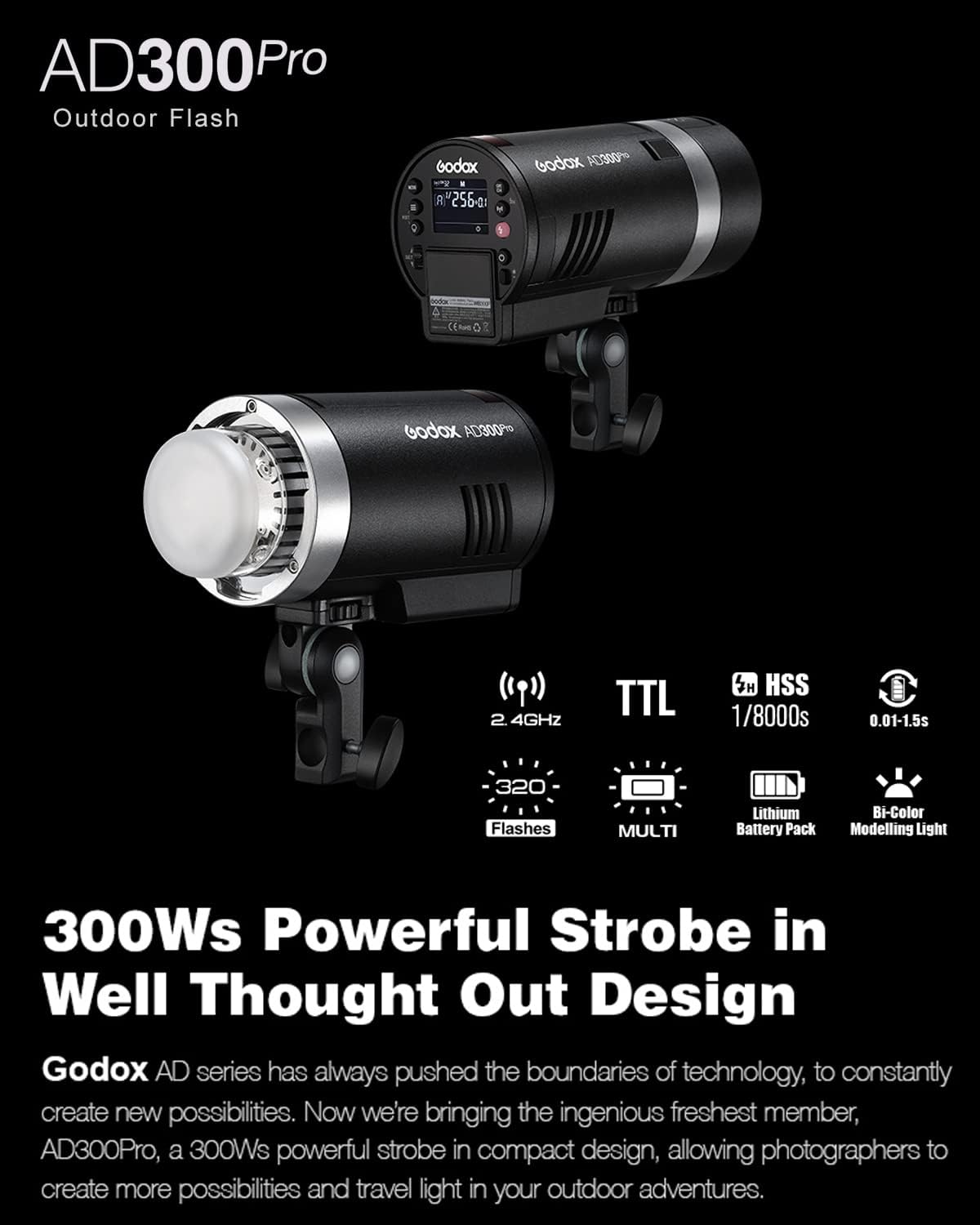 Flash estroboscópico AD300 Pro 300W 2.4G bicolor LED