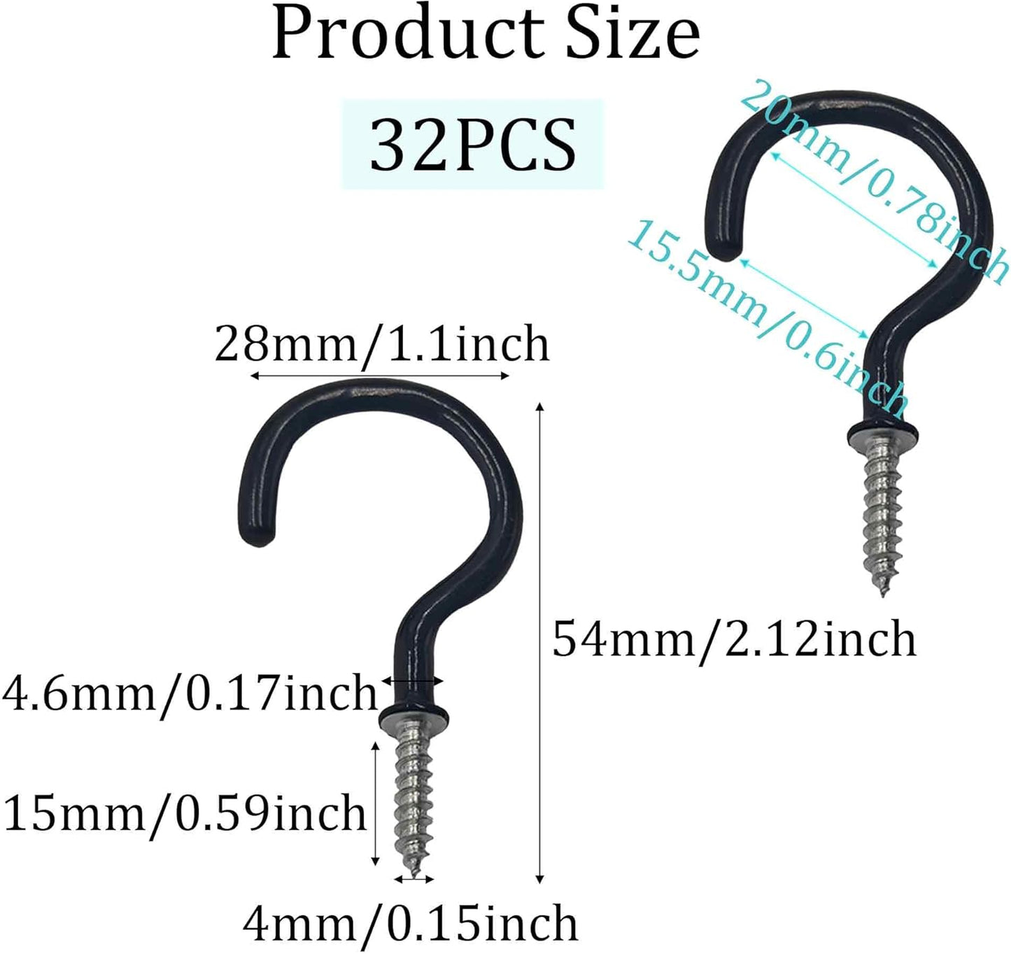 32 Pzas Gancho Techo 1-1/2 Pulg Negro para Planta y Vaso