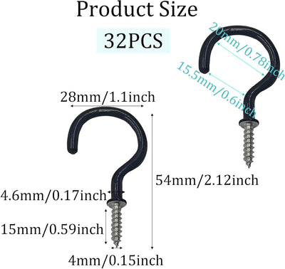 32 Pzas Gancho Techo 1-1/2 Pulg Negro para Planta y Vaso