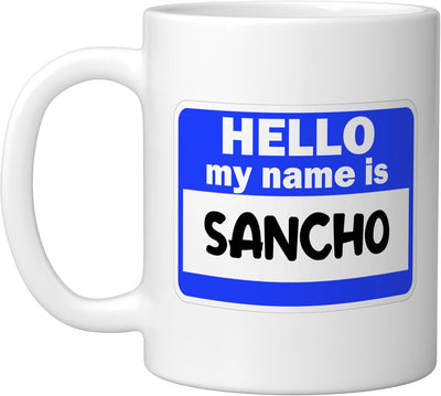 Taza de cerámica blanca con nombre Sancho en etiqueta