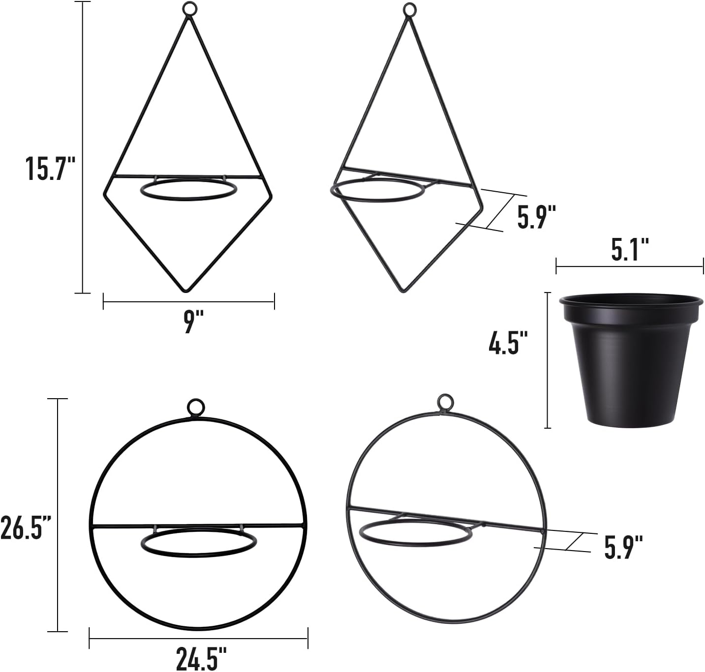 Macetas geométricas pared 2 soportes metal negro 5pulg