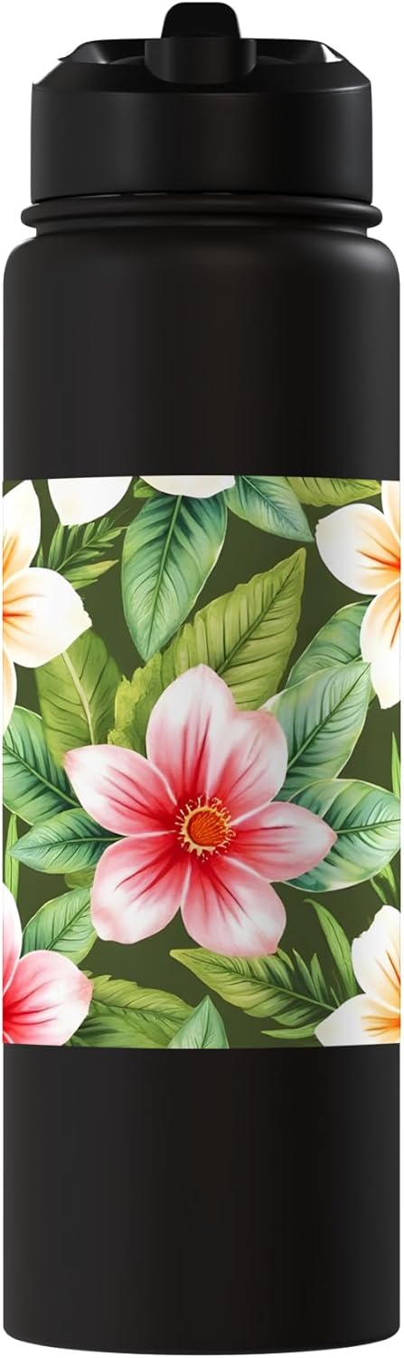 Botella agua acero inox aislada ilustración flores tropicales