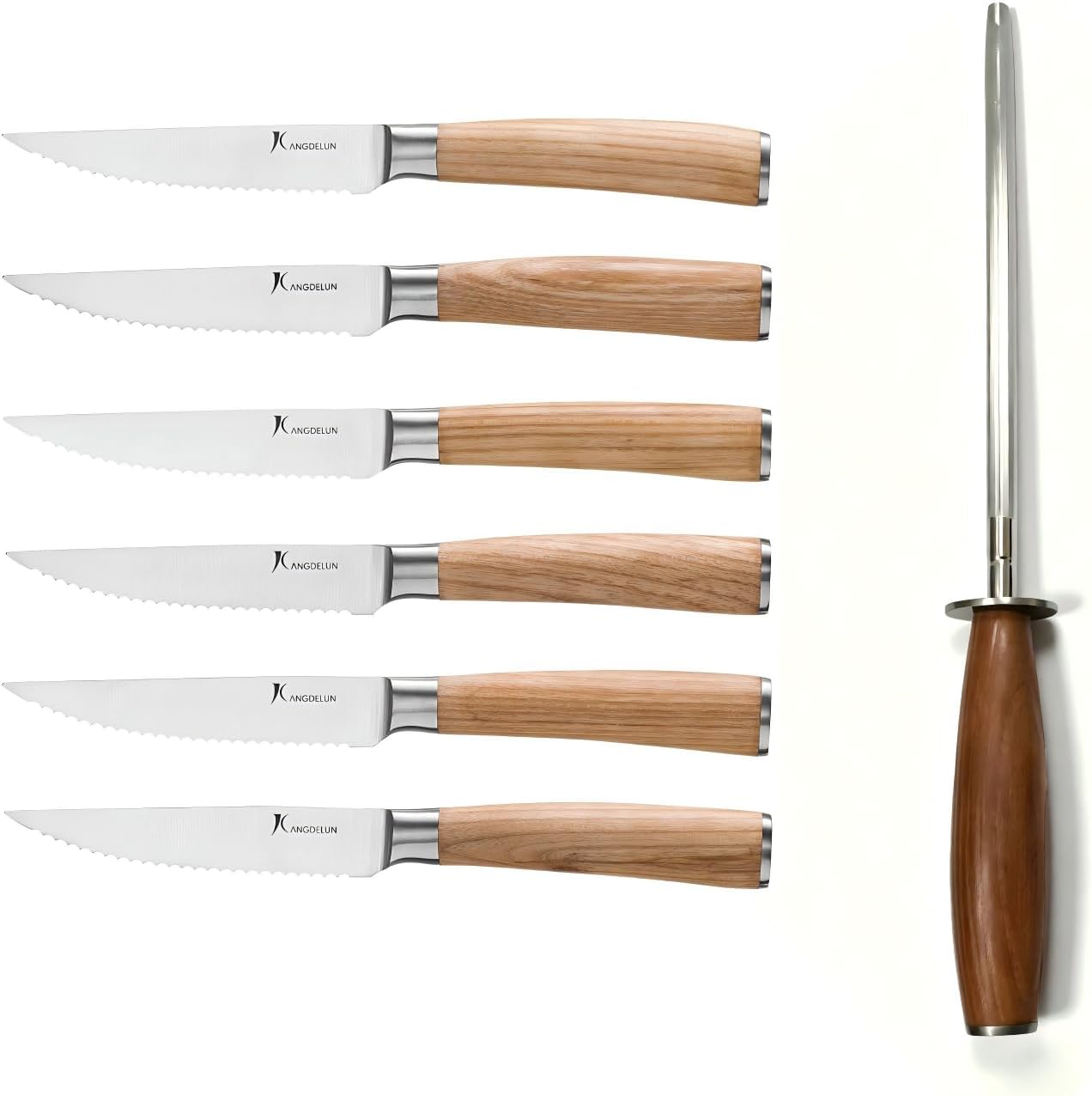 Set 6 Cuchillos Carne Acero Inox con Afilador Madera