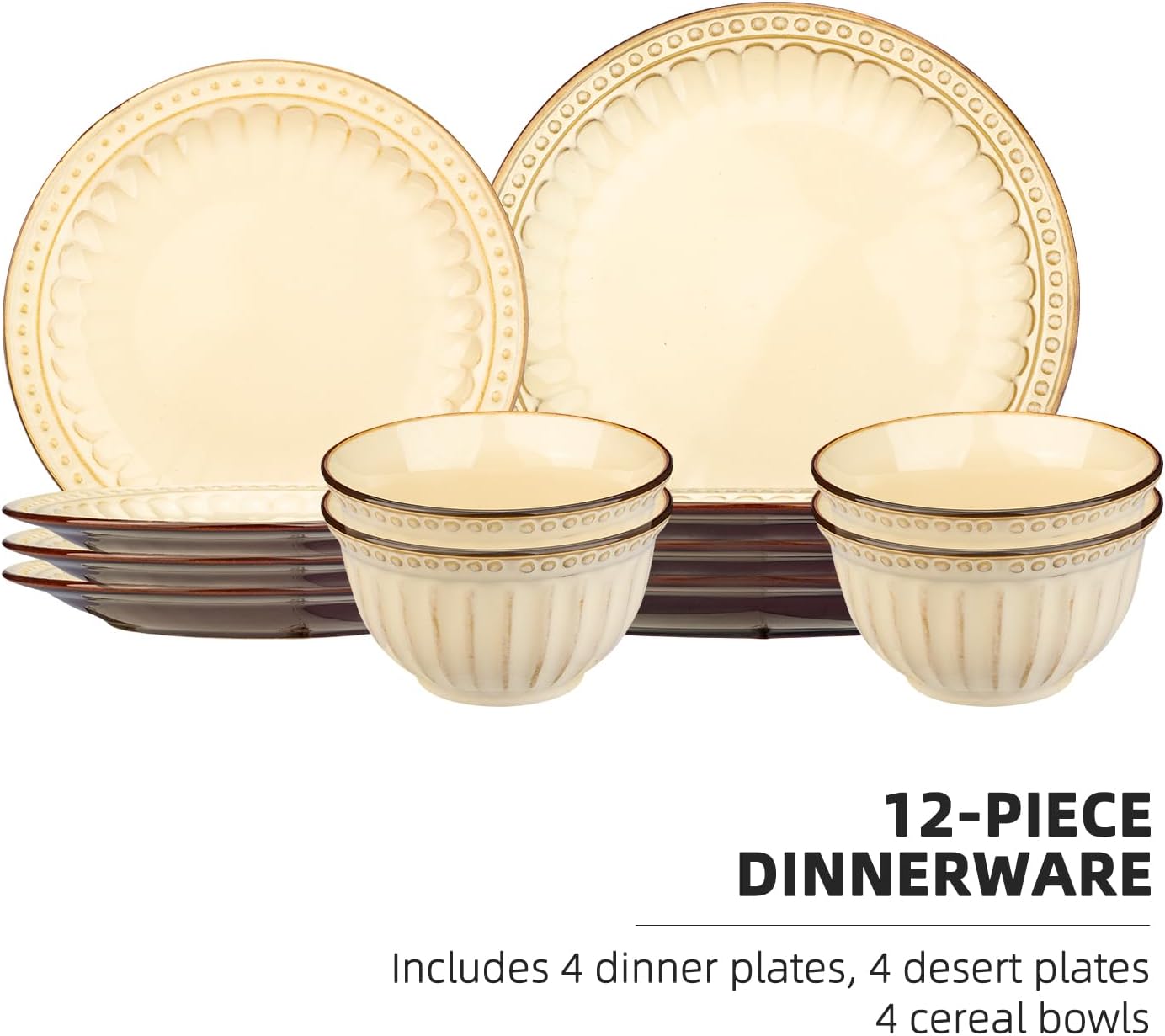 Set 12 Pzas Vajilla Cerámica Beige Retro Apto Microondas