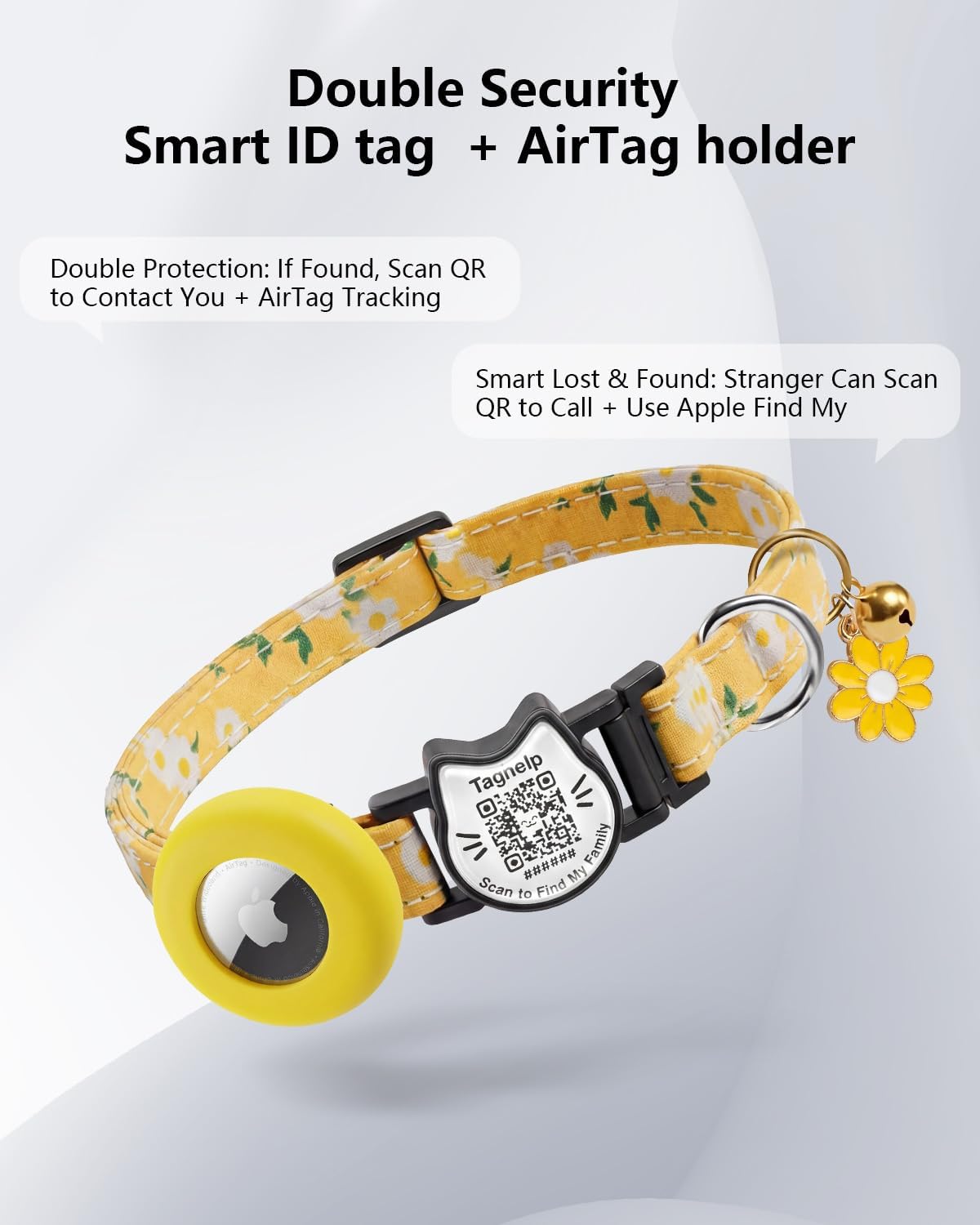 Collar gato con QR y soporte AirTag algodón ajustable amarillo