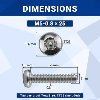 Tornillos Torx acero inox 304 antirrobo 50 pzas