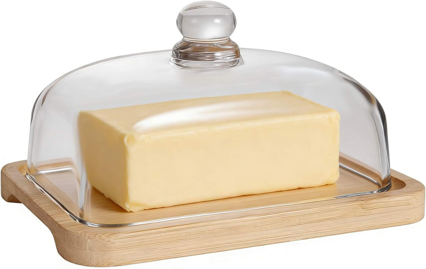 Mantequera con tapa de vidrio, asa y base de bambú para cocina y eventos