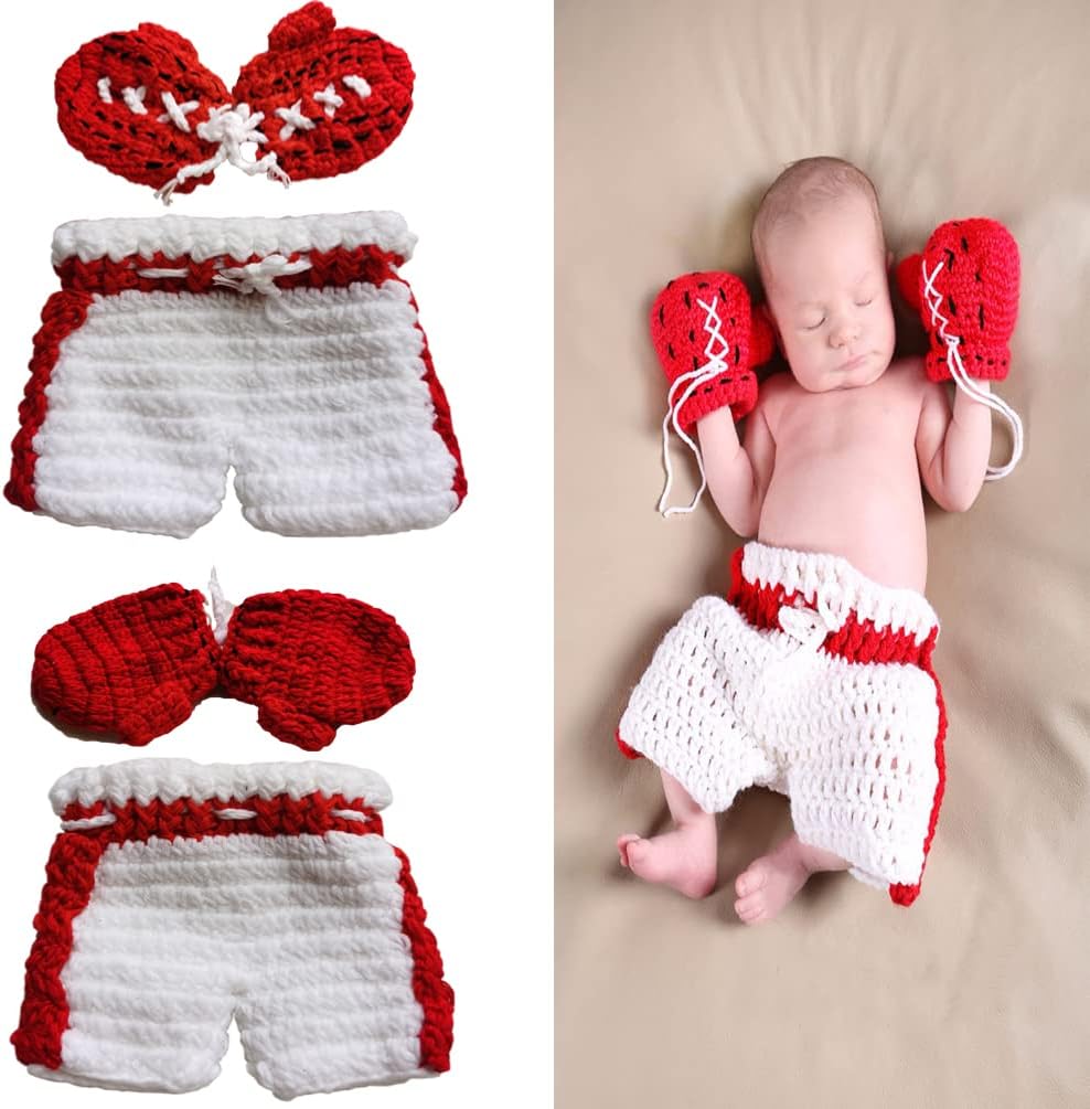 Traje foto bebé estilo boxeo con guantes ganchillo