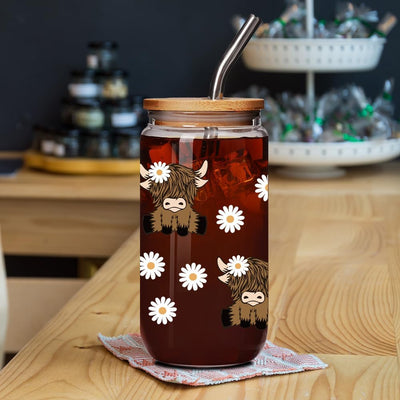 Taza de vidrio Highland Cow 16 oz con tapa y paja, 2 piezas