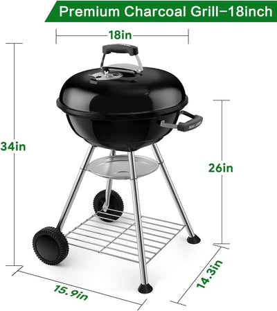 Parrilla carbón 18pulg portátil resistente ruedas color negro