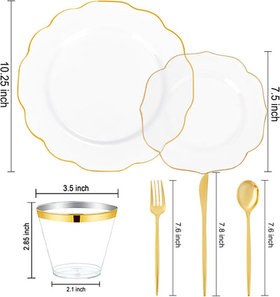 Set vajilla oro transparente 30 pzas y 100 servilletas doradas