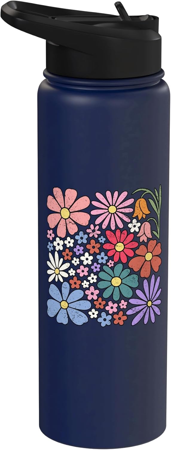 Botella de agua aislada de acero inoxidable con flor silvestre
