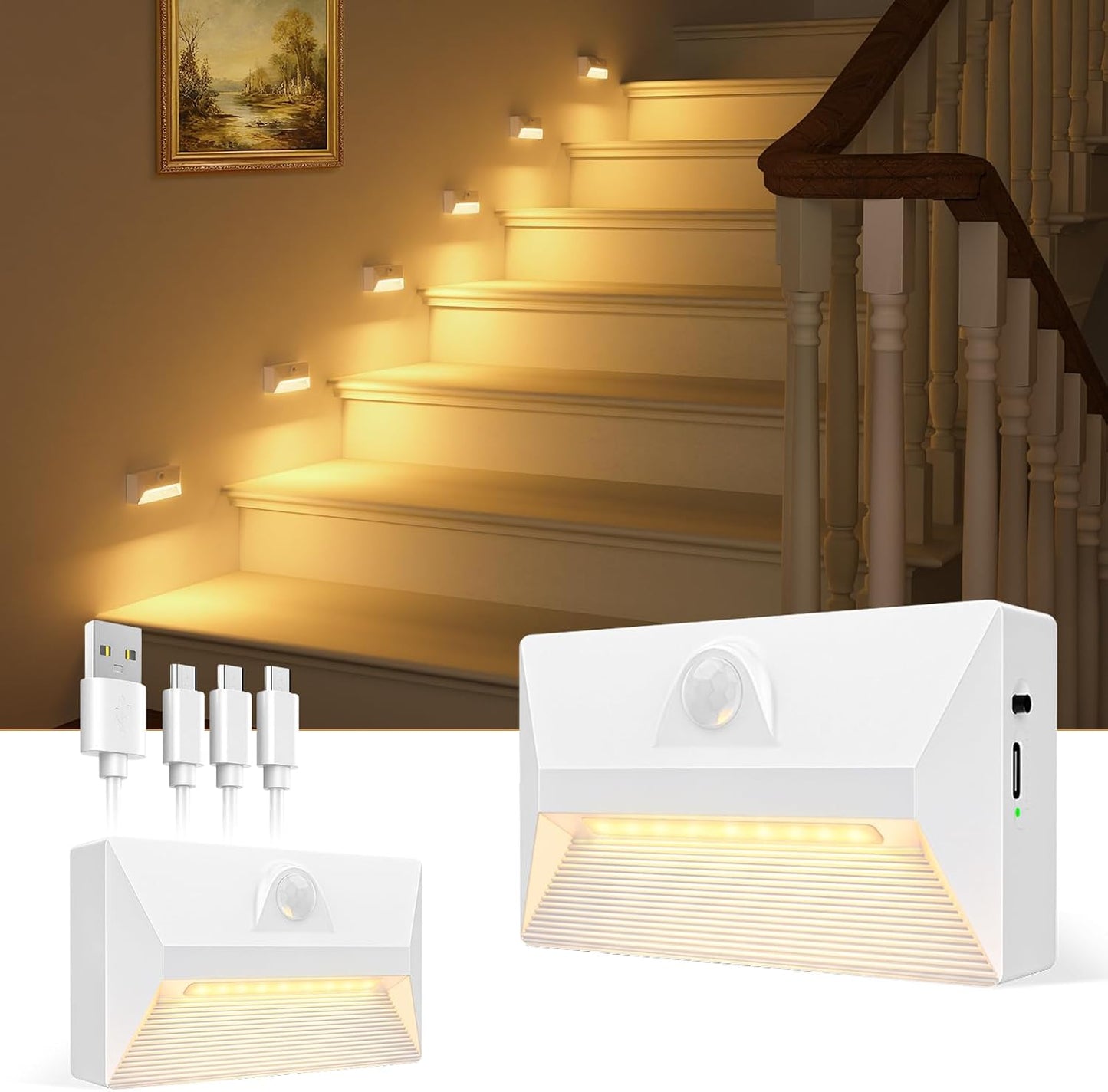 2 Luces Escalera Sensor Movimiento Magnéticas Recargables Blanco