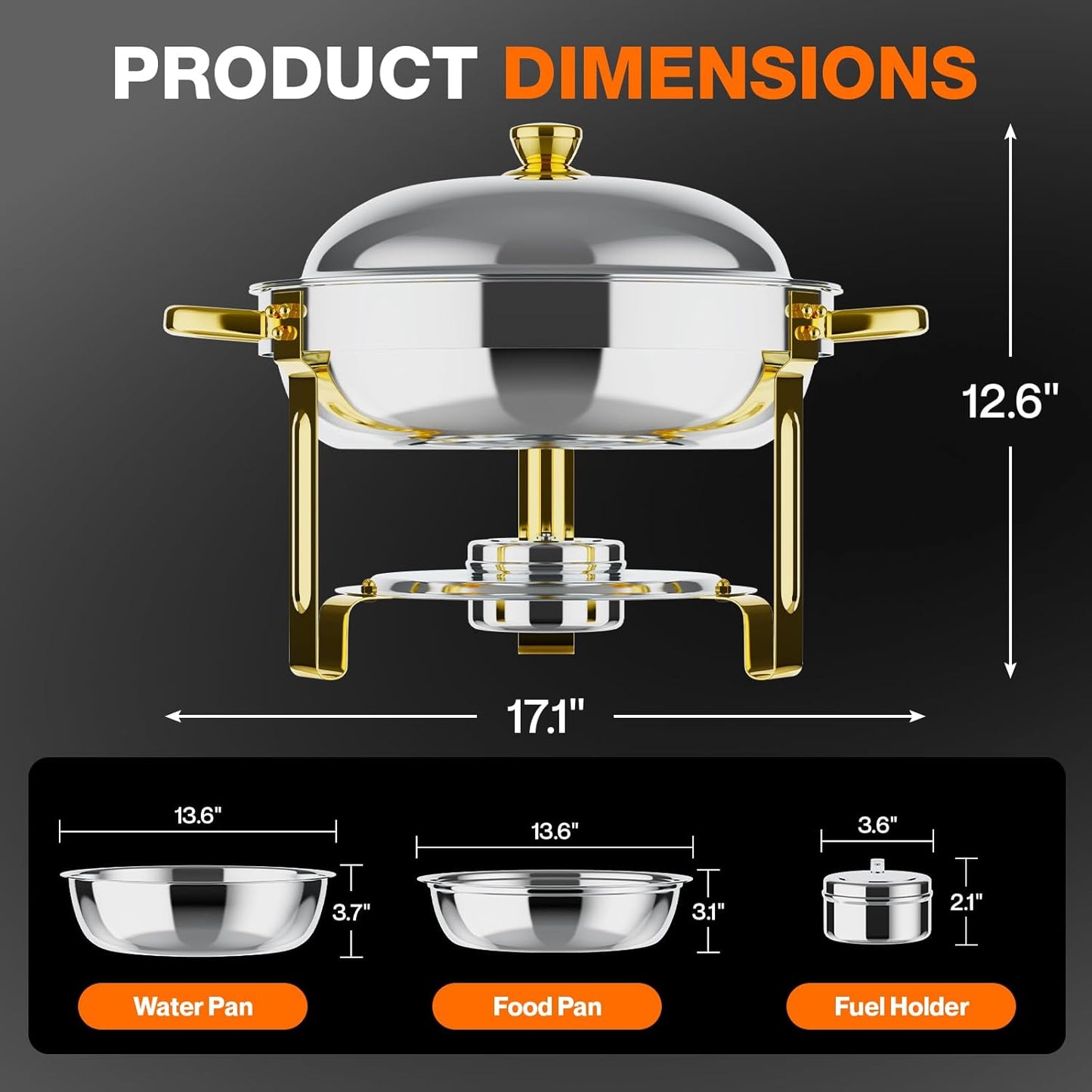 4 Pzas Platos Acero Inox 6qt Buffet Dorado Plata