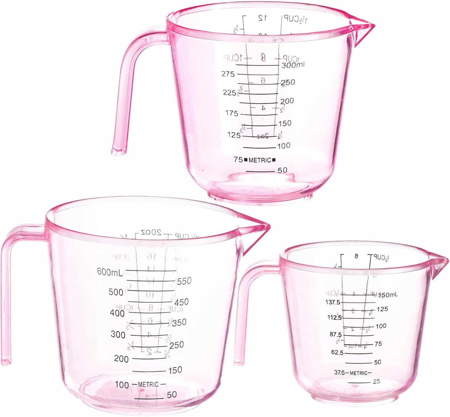 Taza medidora de plástico rosa paquete de 3 con asa para cocinar y hornear