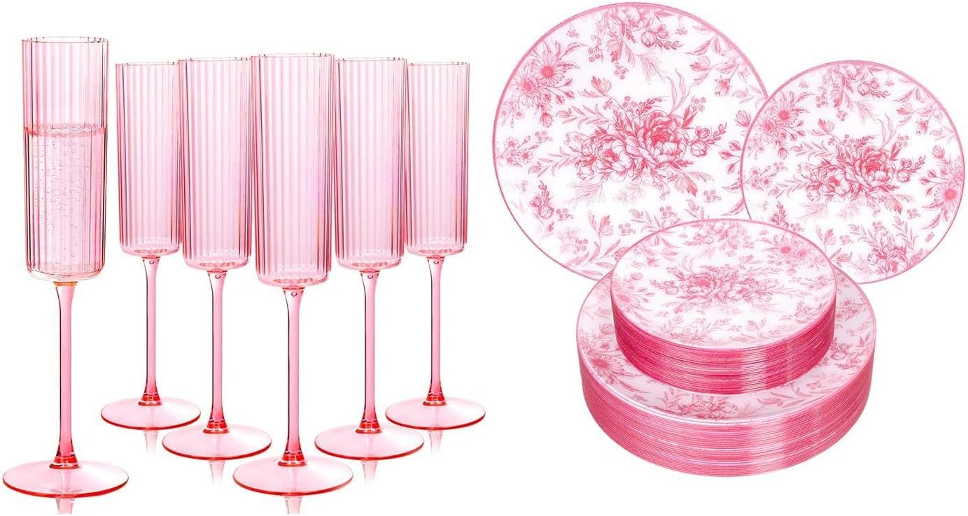 Paquete 36 copas champán rosa y 60 platos florales plástico