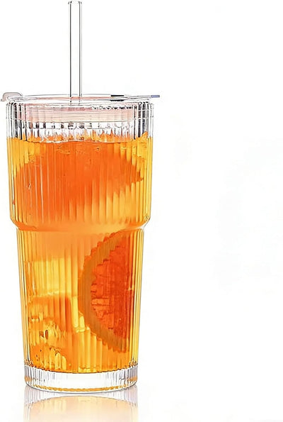 Vasos de vidrio con tapas y pajitas, 20 oz, tazas de café helado de pared gruesa