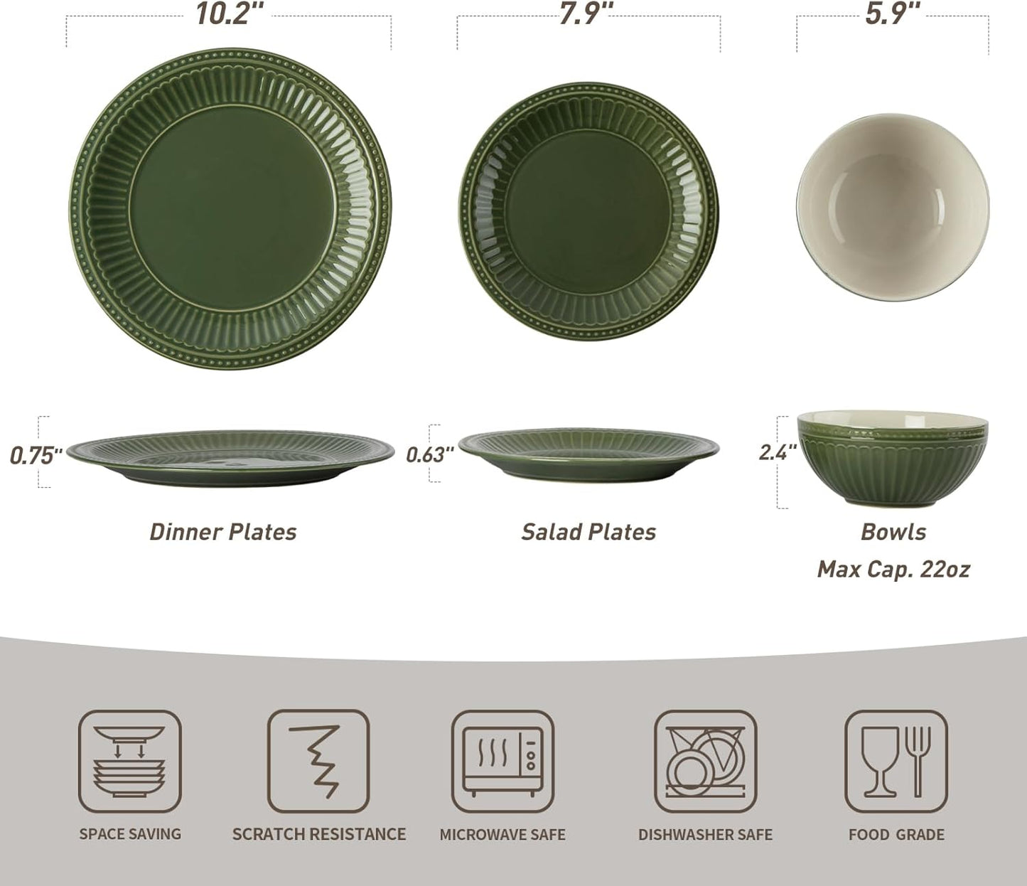 Set 24 Pzas Platos Jardín Resistentes Esmalte Reactivo Verde