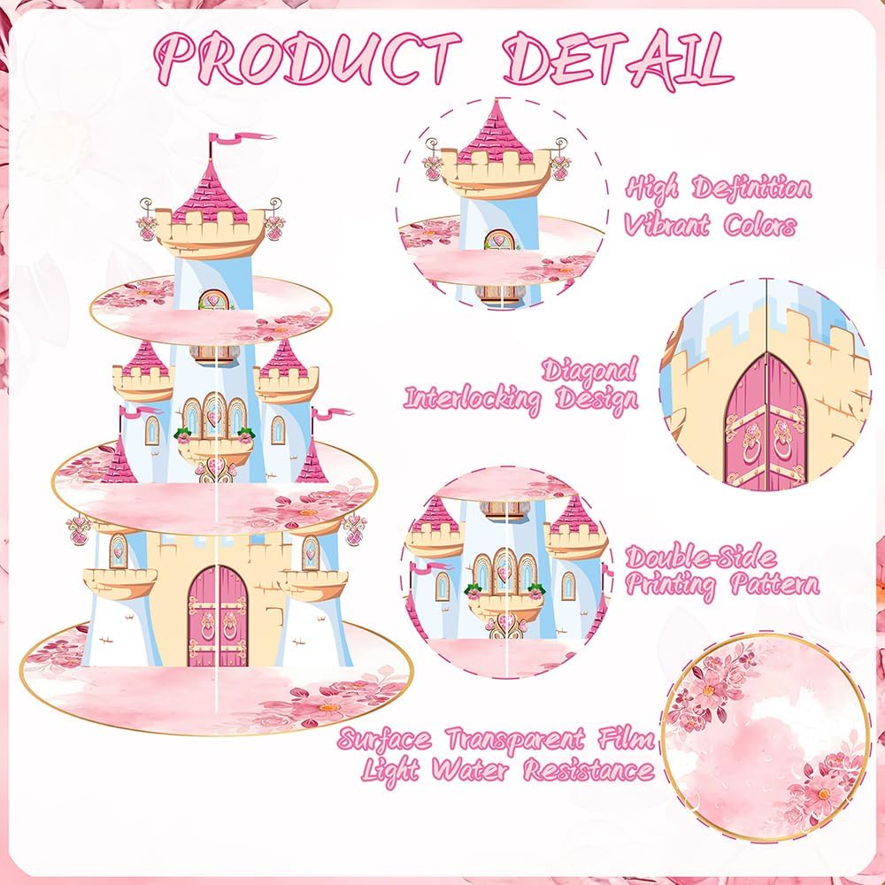 Soporte cupcakes princesa 3 niveles castillo rosa decoración mesa