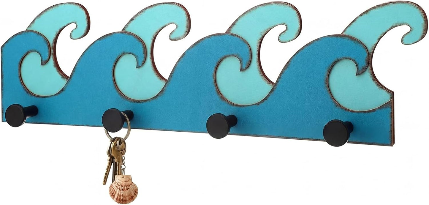 Toallero pared 4 ganchos madera onda oceánica náutico