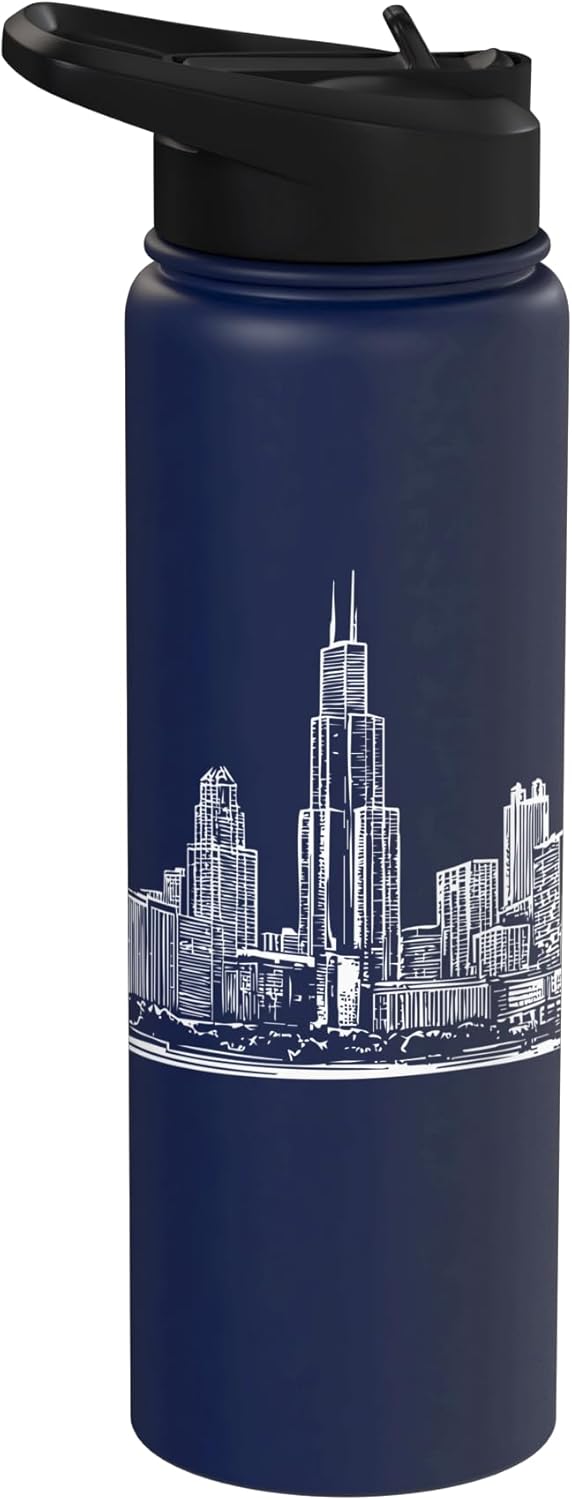 Botella de agua aislada de acero inoxidable Chicago Skyline
