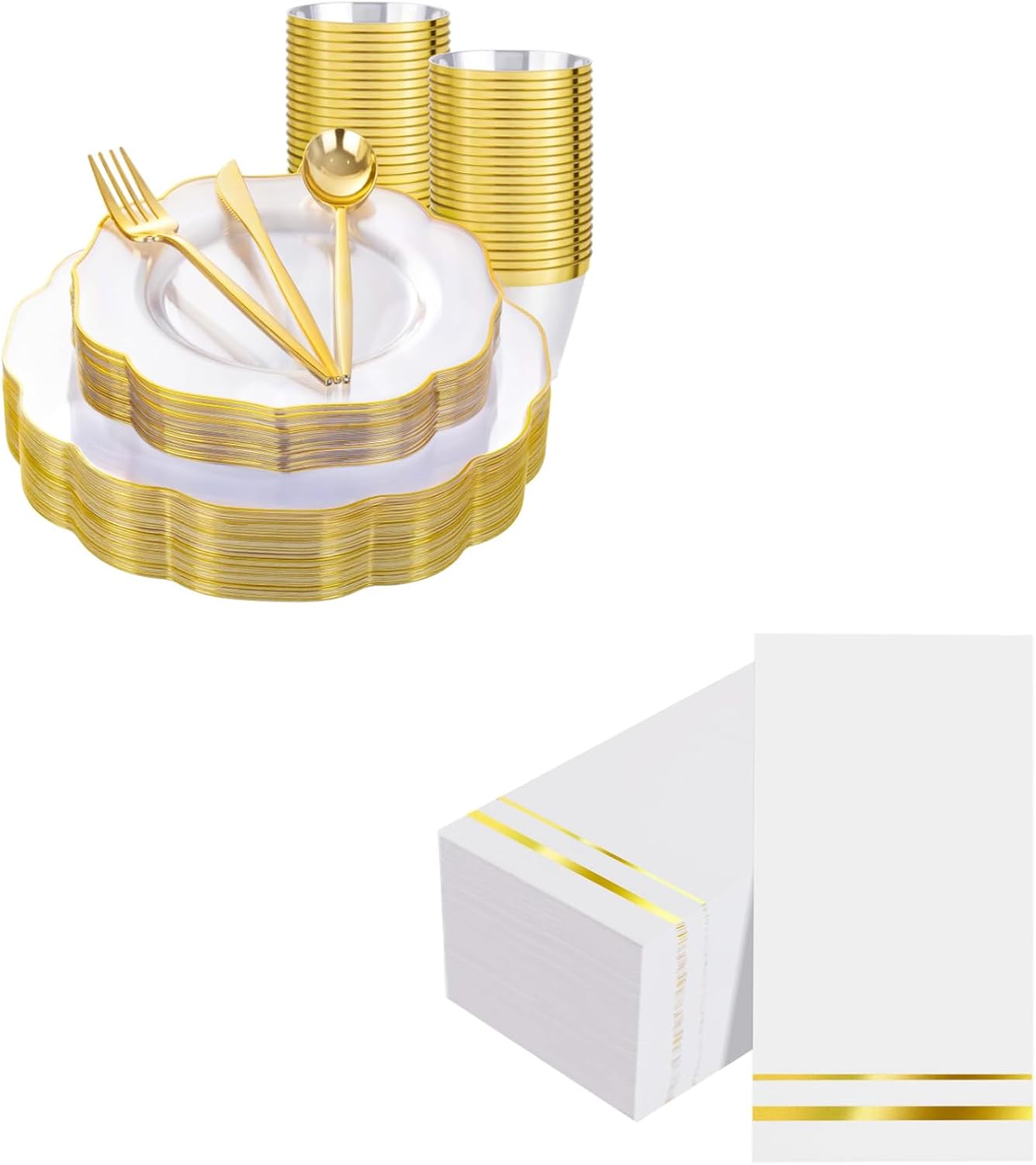 Set vajilla oro transparente 30 pzas y 100 servilletas doradas