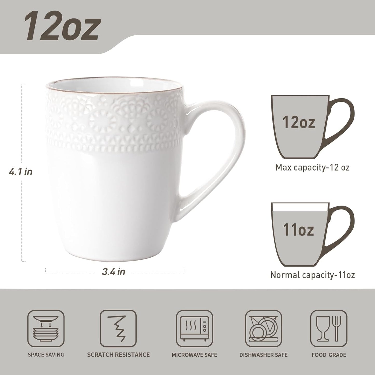 Set 2 Tazas Café Asa 12oz Diseño Floral Blanco