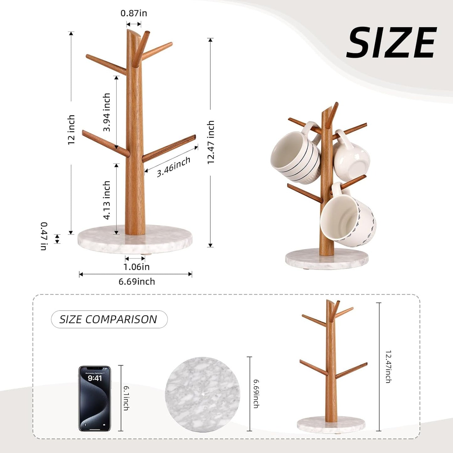 Árbol de taza de madera de acacia con base de mármol y 6 ganchos
