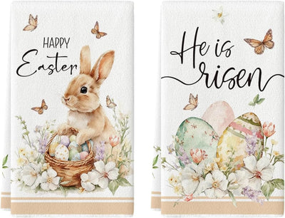 Juego de 2 toallas de cocina con diseño de conejo y mariposa para Pascua y primavera