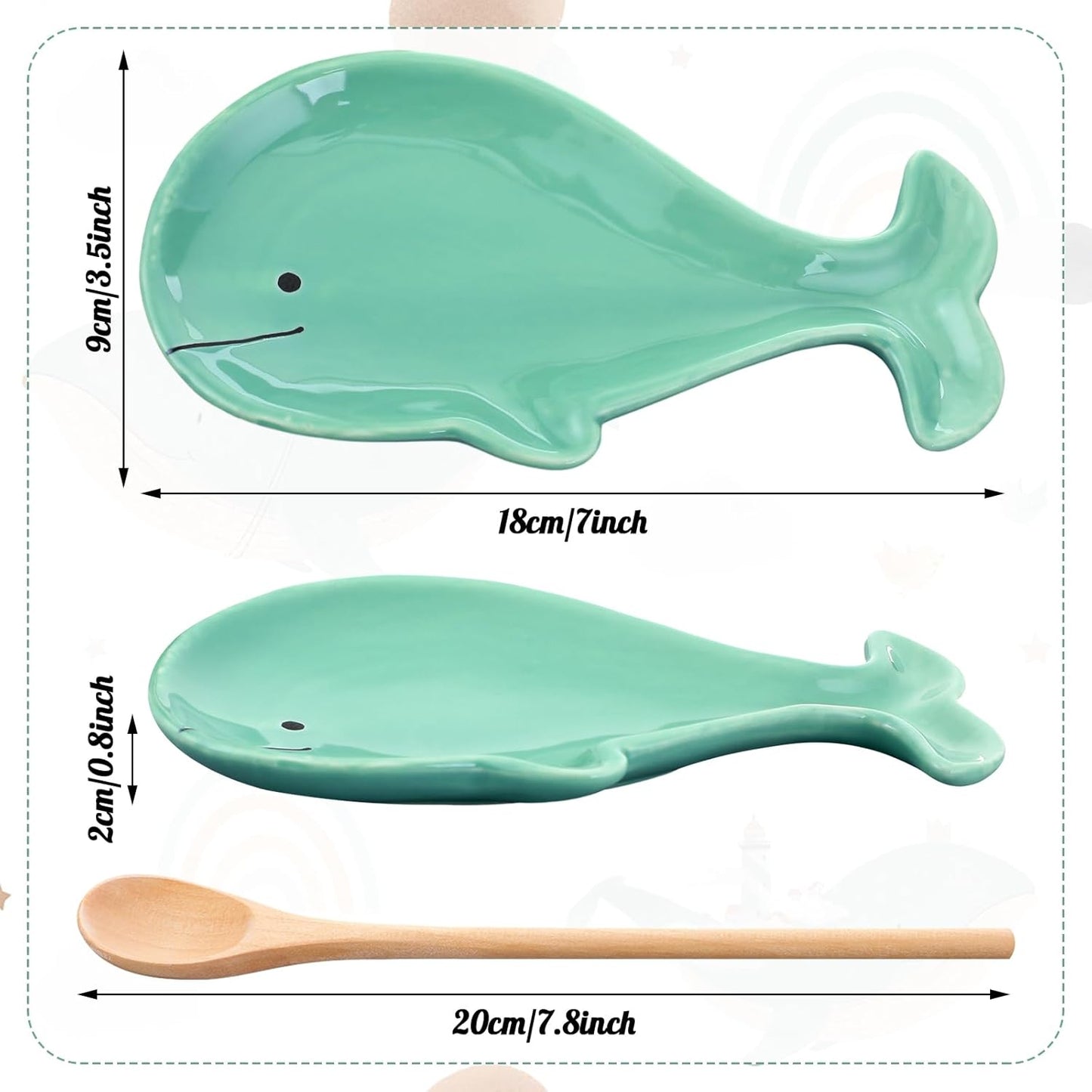 Soporte de cuchara en forma de ballena con cuchara de madera y cerámica