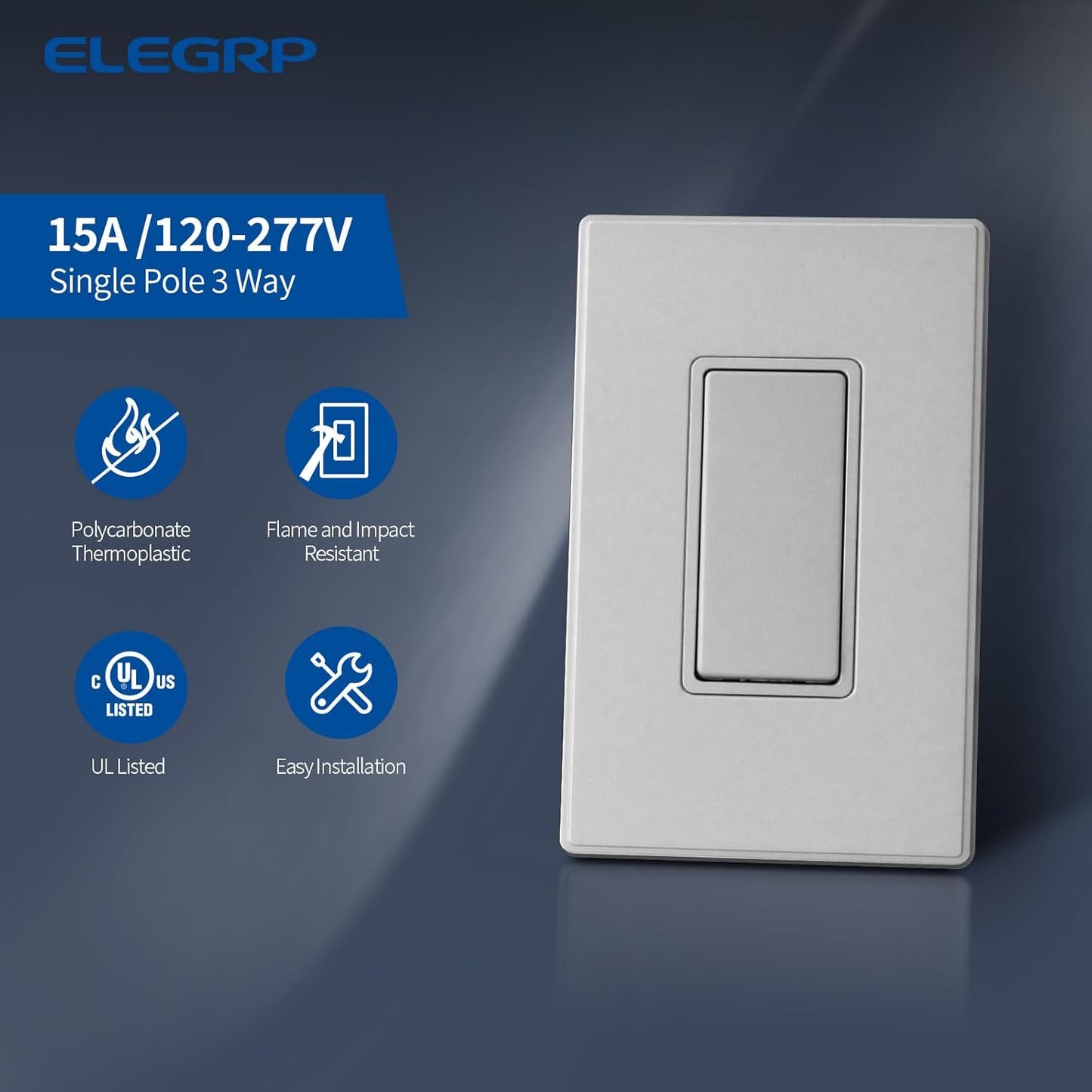 Interruptor luz 3 vías gris mate 15A 120-277V reemplazo basculante