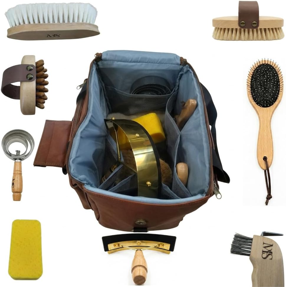 Kit aseo caballo 8 pzas cepillos madera cerdas cuero