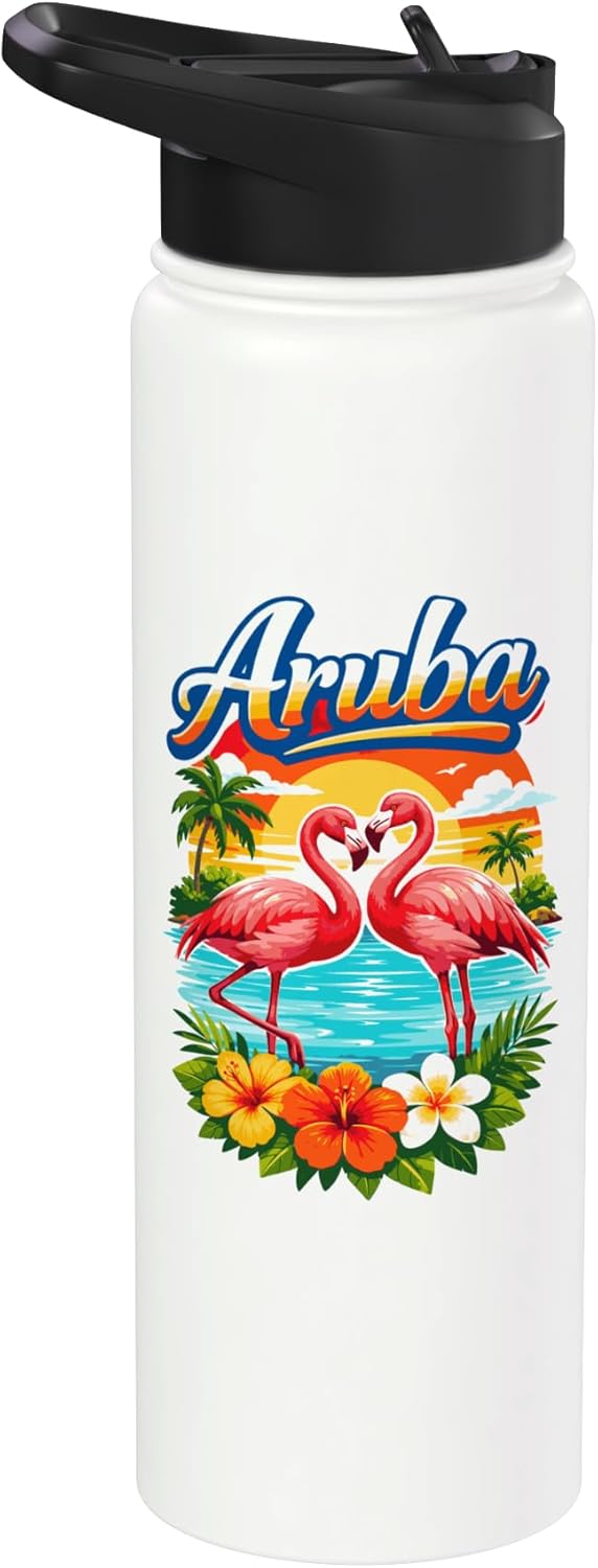 Botella de agua acero inoxidable con diseño flamingo tropical sunset